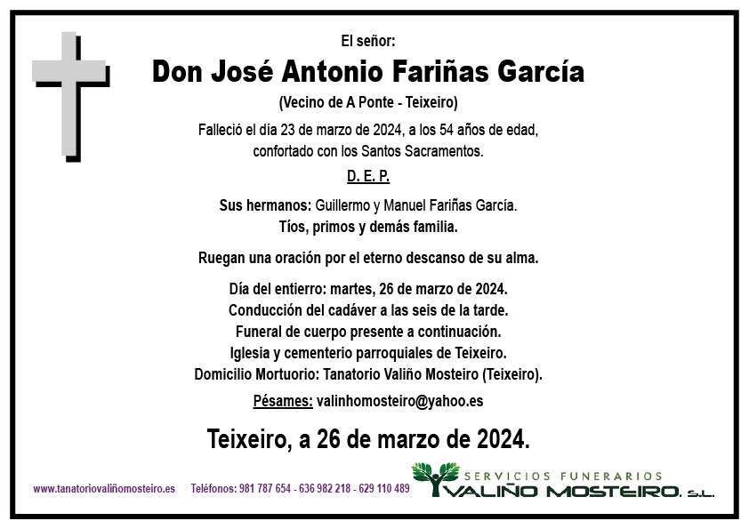 Esquela de José Antonio Fariñas García.